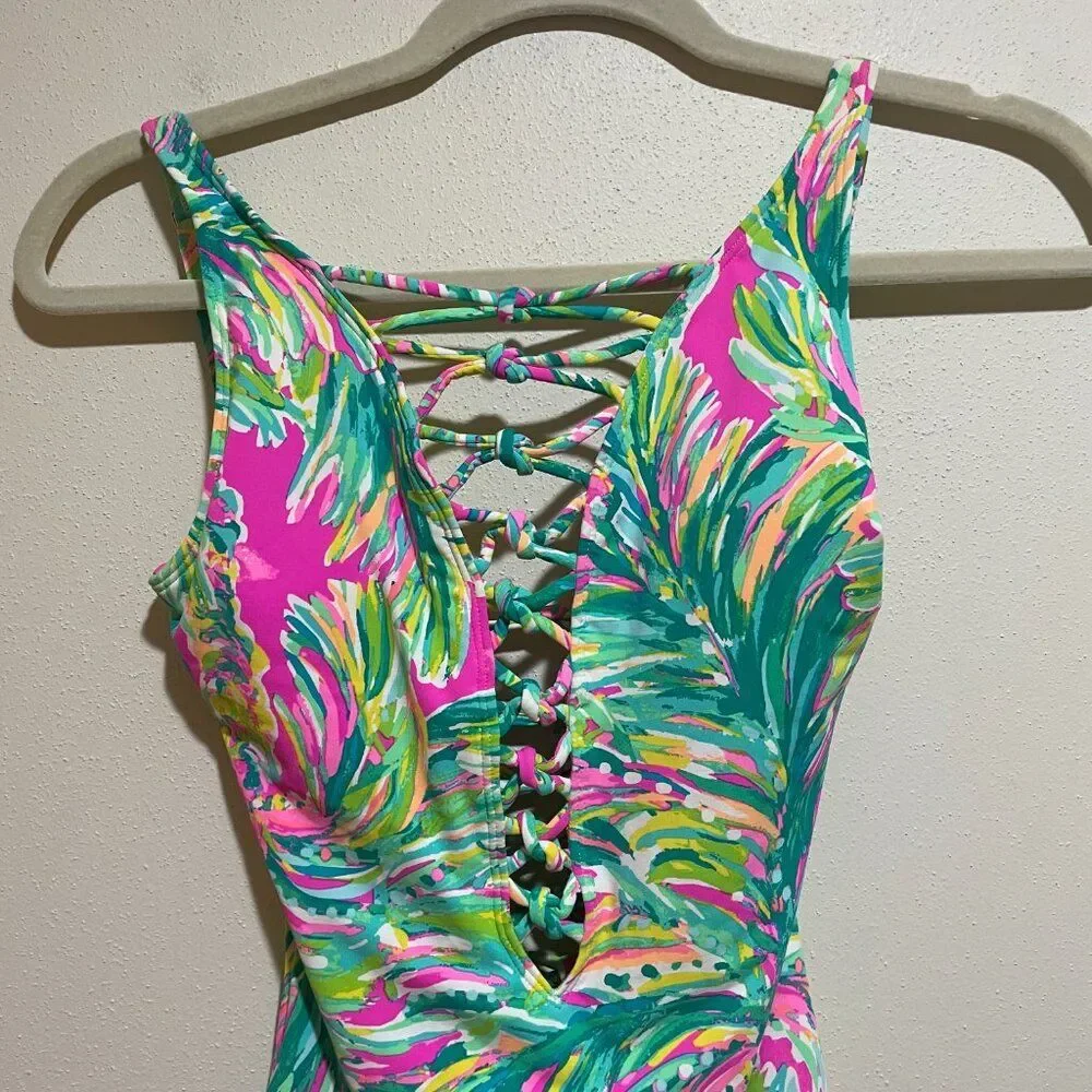 Lilly Pulitzer Size 0 Isle Lattice One Piece Swimsuit Swim Suit Shady Lady Palm - Picture 4 of 11